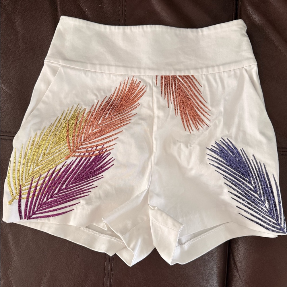 Marciano White High Waist Shorts with Multicolor Feather Embroidery